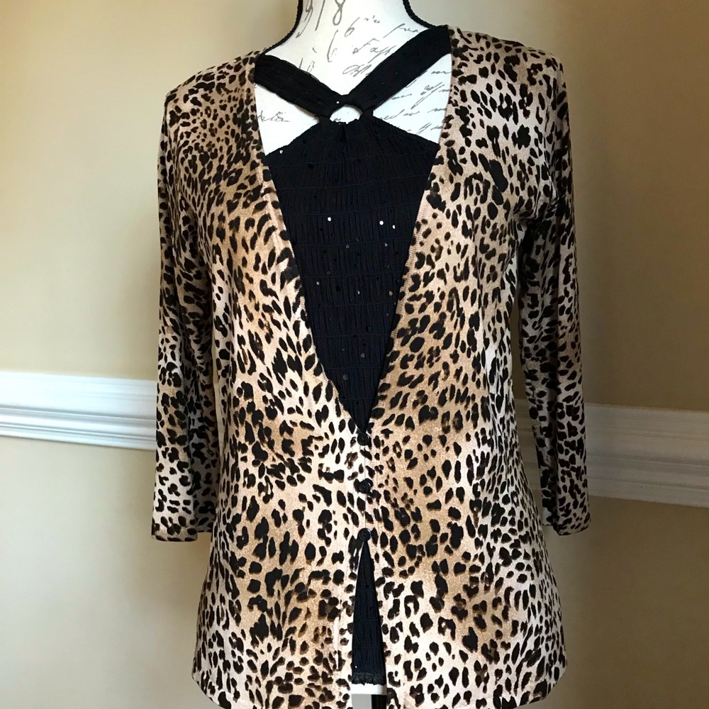 LIKE NEW AUGUST SILK ANIMAL PRINT CARDIGAN SWEATER